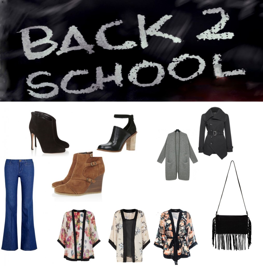 NTY Clothing Exchange graphic with chalkboard that says back 2 school and group of products on white background: black and tan booties, grey coat, flared jeans, kimonos and black fringe purse