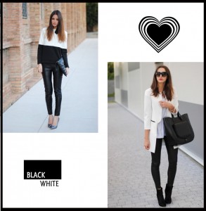 NTY Clothing Exchange graphic with model wearing black-and-white shirt with black leather leggings and a heart and text that says black white