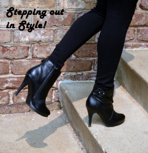 NTY Clothing Exchange graphic with model wearing black booties with black leggings and text that says stepping out in style