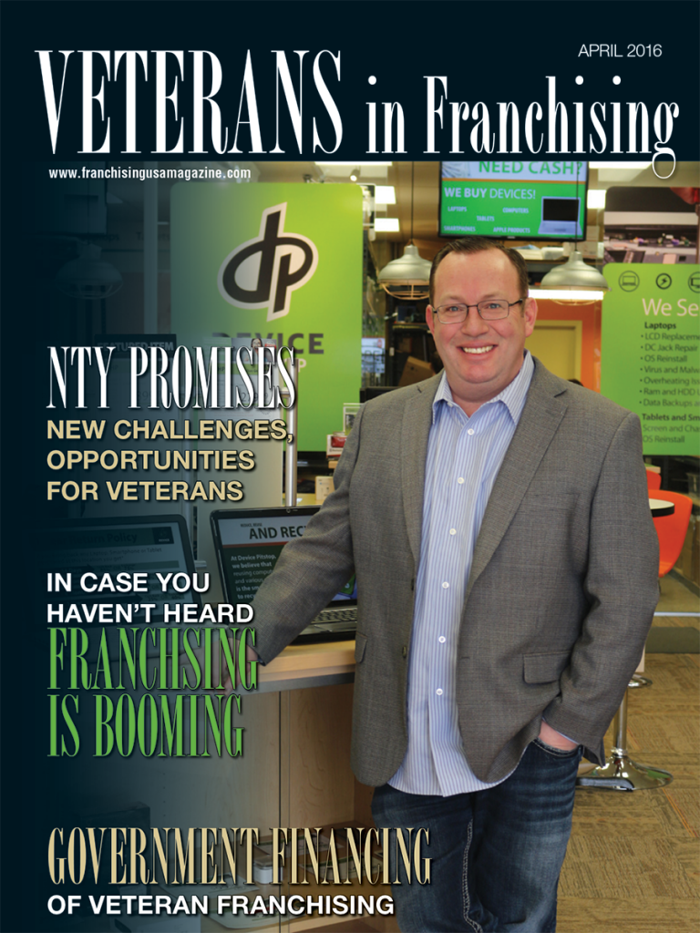 NTY Franchise Company COO Chad Olson on the cover of Franchising USA magazine standing in a Device Pitstop store