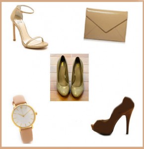 NTY Clothing Exchange graphic with a white strappy heel, a pair of nude heels, a dark brown heel, a nude clutch and a nude watch